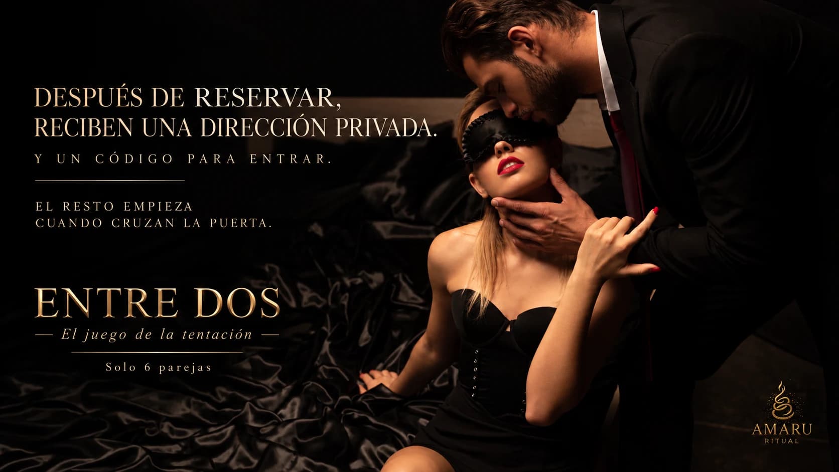 A blindfolded couple in the private ENTRE DOS campaign